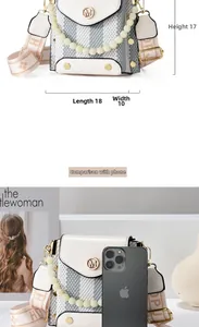 Crossbody bag size guide showing 18cm length and pearl handle with contrast design