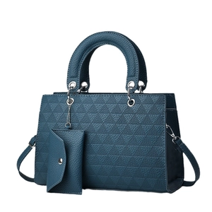 Deep blue leather tote bag set with geometric texture and matching mini pouch