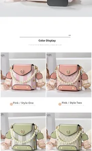 Detail display of stylish crossbody bags in pink and green with gold M logo and pearl chain