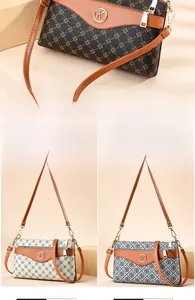 Detail of printed crossbody bags in coffee, beige, and blue with metal K logo