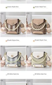 Detail view of stylish crossbody bags in various colors and trendy logo patterns