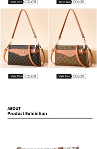 Detail of vintage patterned tote bag showing metal logo and dual shoulder straps