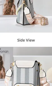 Side view of cross-body bag featuring geometric patterns and striped shoulder strap