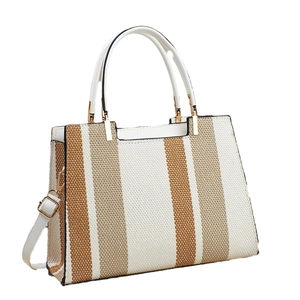 Contrast striped canvas tote bag with white leather trim and gold metal hardware