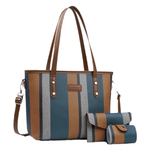 Ensemble de trois sacs à main rayés avec portefeuille et pochette assortis en bleu-marron
