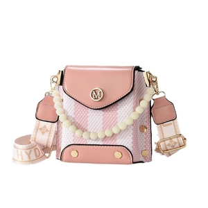 Pink and white checkered crossbody bag with M buckle, pearl charm and floral wide strap