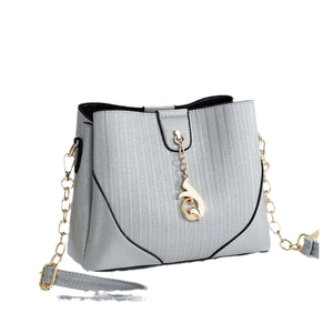 Silver striped bucket bag with gold hardware and chain strap on white background