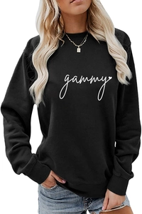 Close-up of crewneck sweatshirt ribbing and artistic gammy text print with heart