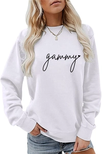 Detail of soft white sweatshirt featuring black cursive gammy print and ribbed cuffs