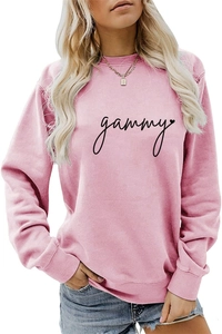 Detailed view of pink cotton crewneck sweatshirt with handwritten gammy print