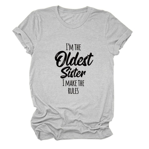 T-shirt en coton gris clair avec slogan I'M THE OLDEST SISTER I MAKE THE RULES