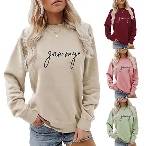 Women Sweatshirt Cotton Blend Gammy Letter Heart Print Crewneck Long Sleeve Loose Casual Streetwear Pullover Ribbed Trim