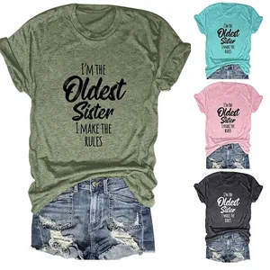 T-shirt Femmes Imprimé Slogan Oldest Sister Mélange Coton Manches Courtes Col Rond Tops Streetwear Décontractés