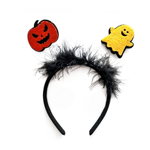 Cerchietto per Halloween con piume nere, zucca e fantasma su molle per feste e parate