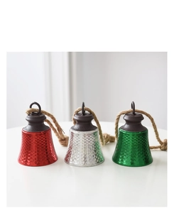 Three-piece set of red, silver, and green Christmas bells with twine hanging loops
