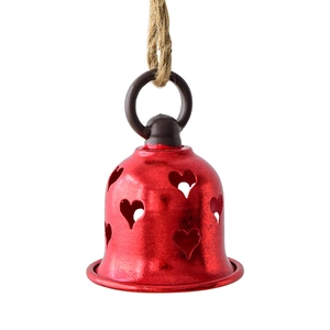 Red metal Christmas bell ornament with heart cutouts and a natural rustic jute rope hanger