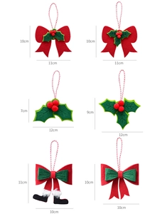 Set of 6 Christmas felt ornaments with sizes featuring red bows and holly berry leaves