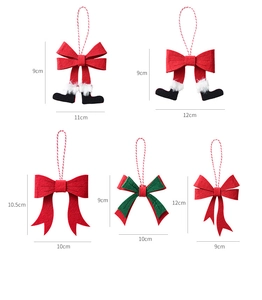 Detailed size guide for assorted Christmas bow ornaments in festive red and green colors