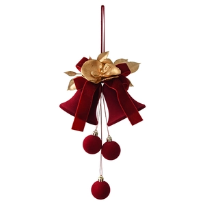 Christmas flocked bells pendant with red velvet bow and gold decorative leaves