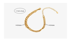 Detailed view of 18k gold curb and double bead chain bracelet with size measurements