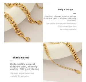 Detail of 18k gold plated stainless steel layered Cuban and bead chain with lobster clasp