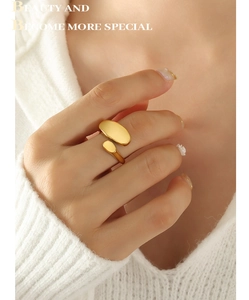 Close-up of minimalist 18k gold plated stainless steel ring with double oval discs