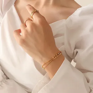 Spliced Chain Bracelet Titanium Steel 18K Gold Plated Curb Chain Double Row Bead Chain Adjustable Elegant Women Jewelry