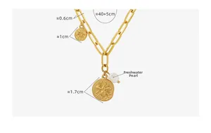 Detail of paperclip chain necklace with freshwater pearl and golden bee medallion charm