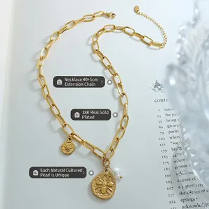 18K gold plated chain necklace with bee pendant, star disc, and white freshwater pearl