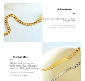 Detailed macro view of 18k gold plated titanium steel ID bar on a heavy Cuban link bracelet