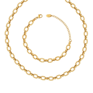 Ensemble collier et bracelet en acier inoxydable doré avec maillons ovales texturés