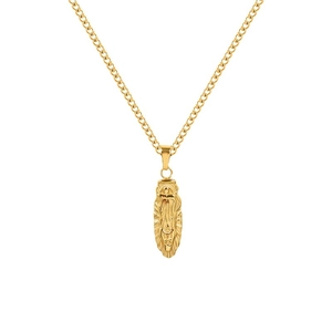 18K gold plated titanium necklace with oval Queen portrait medallion on white background
