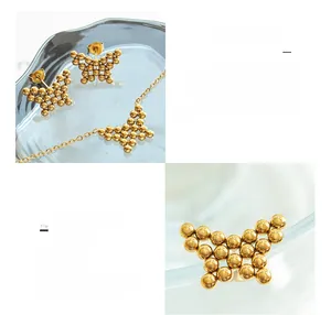 Detail of 18K gold plated titanium steel butterfly jewelry set with beaded texture