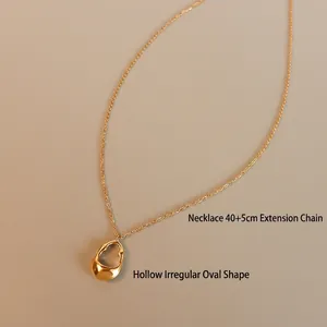 18K gold plated vintage stainless steel hollow irregular oval pendant necklace 40+5cm