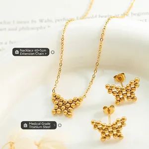 Titanium steel jewelry set with butterfly bead pendant necklace and matching stud earrings