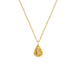 Minimalist gold teardrop pendant necklace with organic texture on a fine chain