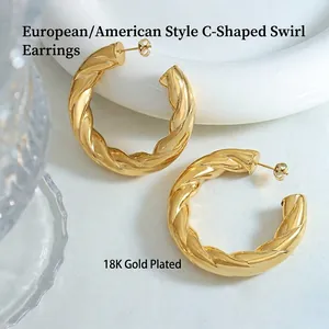 Polished 18K gold plated chunky C-shaped twisted croissant hoop earrings for women