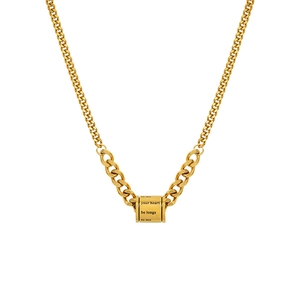Collier gourmette en acier inoxydable doré avec pendentif cylindre gravé d'un message