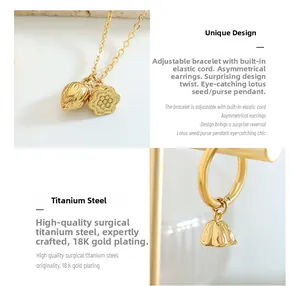 Detail of 18K gold-plated lotus flower pendant and earrings in surgical titanium steel