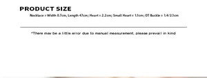 Detailed size specifications for the French-style heart necklace and OT buckle