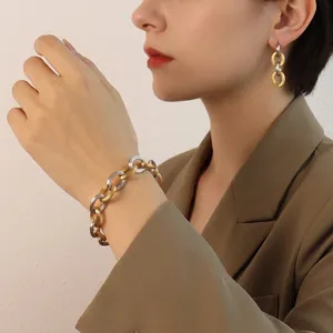 Earrings And Bracelet Accessories Titanium Steel Two Tone Gold Silver Embossed Chain Link Oval Niche Luxury Fashion Women