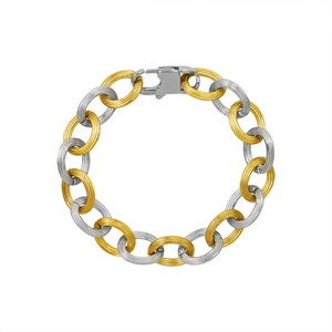 Two-tone 18K gold and silver steel link chain bracelet with textured grooved oval links