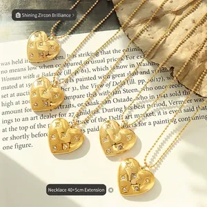 18K gold plated titanium steel heart necklace with cubic zirconia on ball chain
