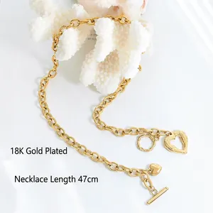 18K gold plated chunky chain heart necklace with toggle clasp 47cm length for women