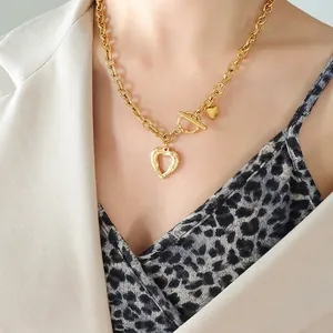 French style 18k gold plated stainless steel heart pendant necklace with toggle clasp