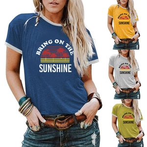 Detail view of cotton t-shirt featuring Bring On The Sunshine print and contrast trim sleeves