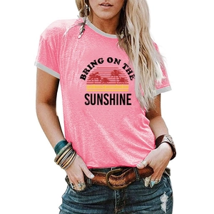 Close-up of Bring On The Sunshine graphic print on pink contrast trim t-shirt