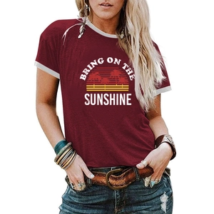 Classic women's maroon crew neck T-shirt featuring vintage sunshine graphic print detail