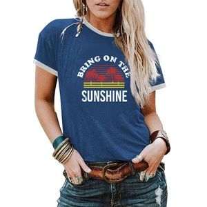 Detail of dark blue ringer t-shirt with Bring On The Sunshine print and white trim