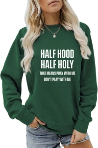 Détail du sweat-shirt col rond vert foncé ample avec impression Half Hood Half Holy